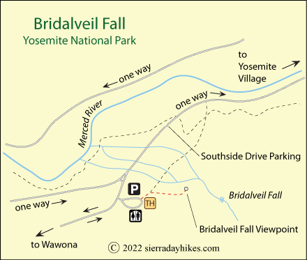 Bridalveil Falls Trail map, Yosemite Valley, Yosemite National Park
