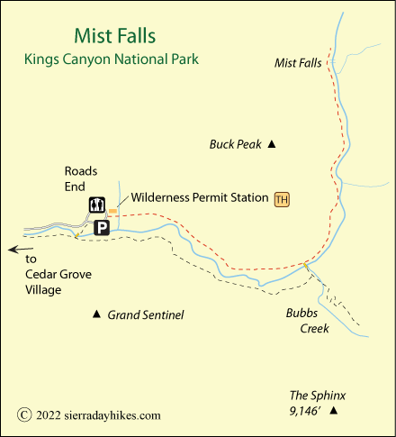 Mist Falls Trail map, Kings Canyon National Park