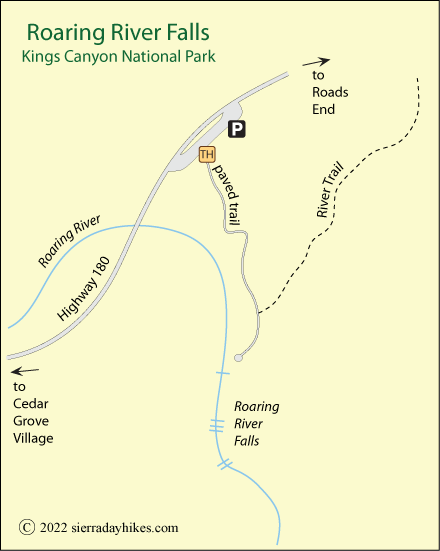 Roaring River Falls trail map, Kings Canyon National Park