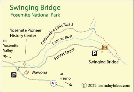 Swinging Bridge Trail map, Wawona, Yosemite National Park