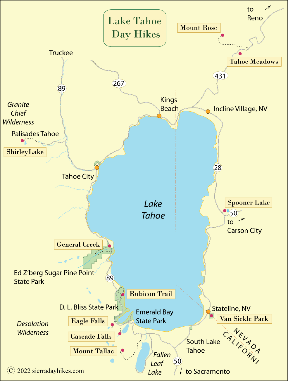 Lake Tahoe day hikes map, California and Nevada