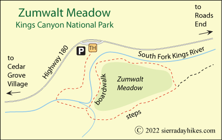 Zumwalt Meadow trail map, Kings Canyon National Park, California