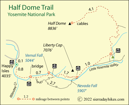 Half Dome Trail map, Yosemite National Park