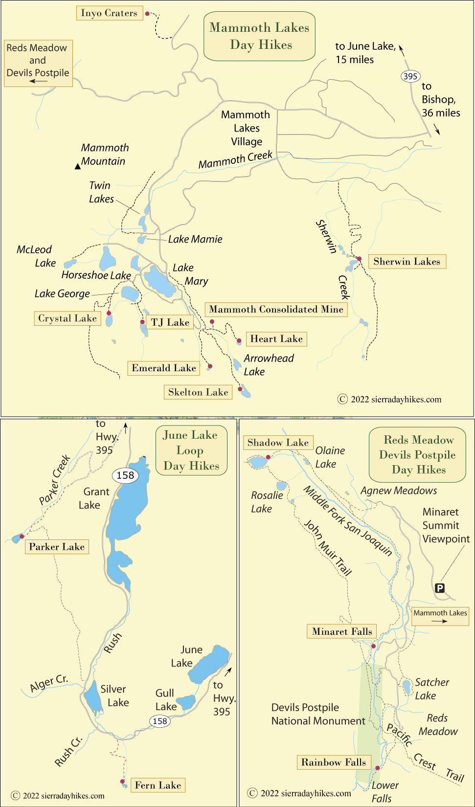 Day Hikes maps for Mammoth Lakes, June Lakes Loop and Reds Meadow, California