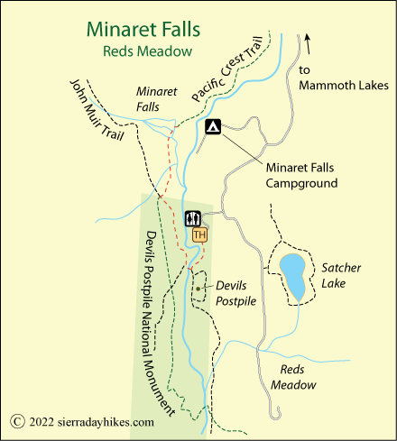 Minaret Falls trail map, Reds Meadow and Devils Postpile National Monument, California