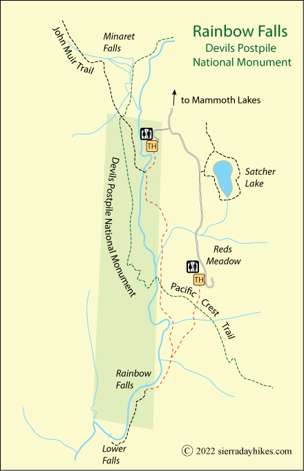 Rainbow Falls trail map, Devils Postpile National Monument, CA