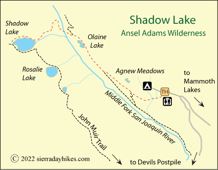 Shadow Lake trail map, Ansel Adams Wilderness, California