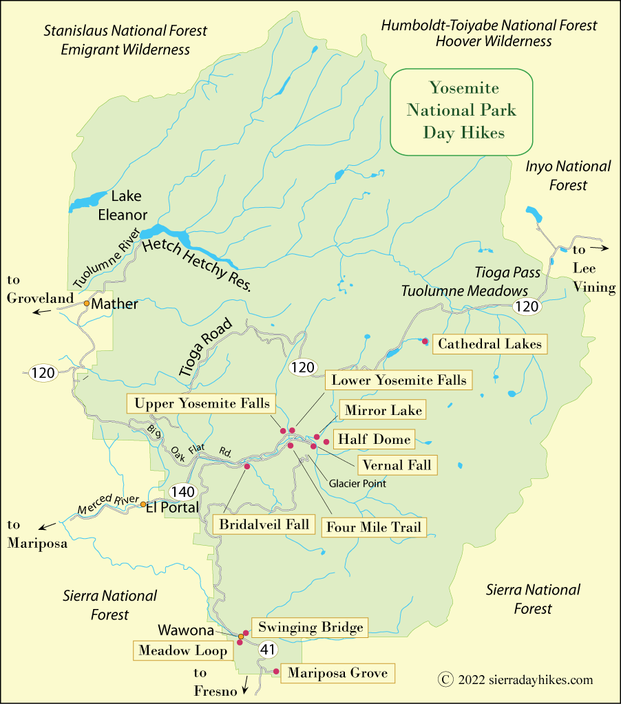 Day Hikes map for Yosemite National Park, California